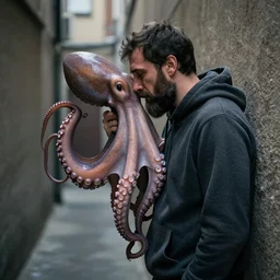a ultra high resolution photo a octopus man with tentacles beard, 4 0 years old, standing in a huddie. he is standing with his head pressed on the wall in a narrow alleyway. he is crying. right profile photo. the light is dim, and the colours are muted