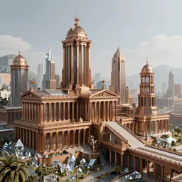 Futuristic city in the style of both Neoclassical and Roman architecture, material bronze and crystal, elevated landscape. Realistic Fantasy Render.