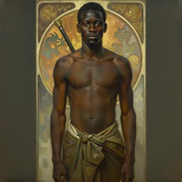 a full body oil painting illustration of an African samurai by Alphonse Mucha and Jacob Lawrence and Kehinde Wiley with face and body clearly visible, visible pupils, forgotten realms, high quality, sombre mood, artstation trending, muted colours, no crop, entire character.