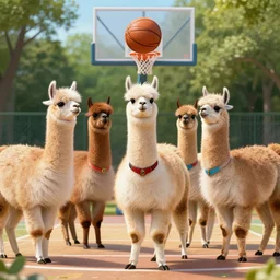 picture of llamas playing basketball, photoshop, digital art, photorealistic
