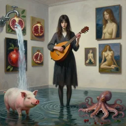 painting of a flooded art gallery, painting of a tall emo girl holding a mandolin, paintings on the wall, pomegranates, waterfall, faucet, pigs, octopus, berries, zen, sensual, surrealist, by magritte and monet