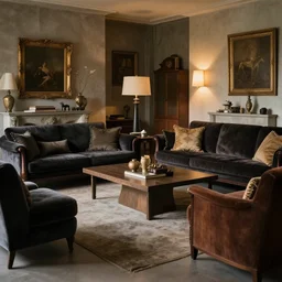 a tastefully decorated living room with dark luxurious furnishings, and a mix of antique and modern furniture, and a mix of concrete and wood finishes, soft focus, dark dreamy golden lighting