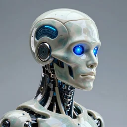 side facial portrait of a cyberpunk bone ceramic caliente humanoid robot Brasileiro with an attractive face and handsome features, large blue laser eyes, macho, piroca, dotado, guapo, reflective surface, trending on cgsociety, trending on artstation