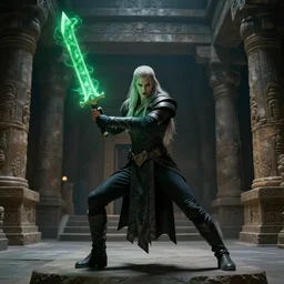 vfx film, soul reaver, raziel irl, price of persia movie, missing jaw, hero pose, devouring magic souls, glowing green soul blade, in epic ancient sacred huge cave temple, flat color profile low - key lighting award winning photography arri alexa cinematography, hyper real photorealistic cinematic beautiful, atmospheric cool colorgrade