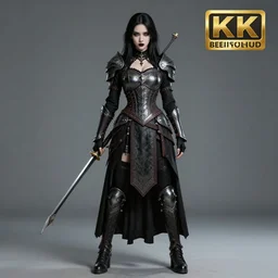 professional full length photograph of a beautiful goth warrior.  Extremely detailed. 8k