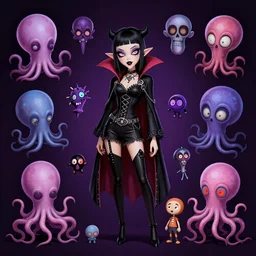 lisa frank gothic punk vampiric rockstar vampire squid concept character designs of various shapes and sizes by genndy tartakovsky and the creators of fret nice at pieces interactive and splatoon by nintendo and the psychonauts by doublefine tim shafer artists for the new hotel transylvania film starring a vampire squid kraken monster