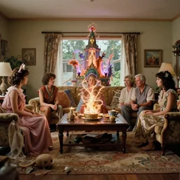 movie still by alejandro jodorowsky of a beautiful day in a family living room in a suburban neighborhood usa, visible magic energy, pretty dream creature costumes, dreamy temples, mystical cult rituals, magic parade float, cinestill 8 0 0 t eastmancolor technicolor, high quality, very detailed, heavy grain, fine facial features, 8 k, octane render