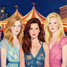 portrait of mix of beautiful young maria shriver, mariel hemmingway, brooke shields, nicole kidman and elle macpherson, summer night, city circus carnival, very coherent and colorful high contrast art, art by simon stalenhag, james gilleard, floralpunk screen printing woodblock, pastel color, hard lightings