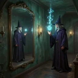 mirror wall hallway, backrooms, magic spell, man, wizard, artstation