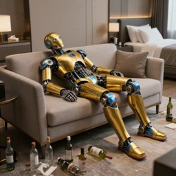 portrait photo of a shiny golden and blue metallic futuristic steampunk humanoid robots sleeping on a sofa in a modern hotel room with empty bottles all over the floor, furiniture is thrown over, messy, pressphoto, insanely detailed, wide shot