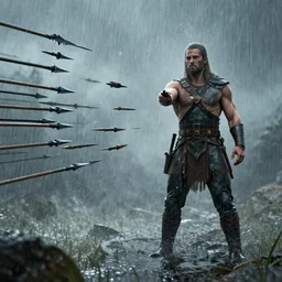 one spartan standing in the rain and 100 spears are flying into his direction, award winning, trending on artstation, unreal engine