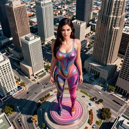 aerial view of a dystopian kylie jenner statue in the middle of los angeles, orwellian, by neil blevins, high detail, digital art, pop art style, death stranding art style, cinematic lighting, artstation, cgsociety, unreal engine 5 render, octane render, 3 5 mm film grain