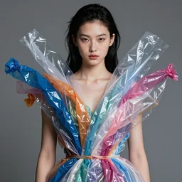 half body portrait of juliana, in an outfit made from plastic bags, black hair, freckles, pale skin, photo by greg rutkowski, high fashion, androgyn teen model, intricate detail, elegance, sharp shapes, soft lighting, vibrant colors, masterpiece