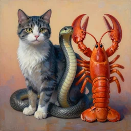 painting of hybrid between cat!!!! & snake & lobster, intercrossed animal, by zdzislaw beksinski, by lewis jones, by mattias adolfsson, cold hue's, warm tone gradient background, concept art, beautiful composition, digital painting