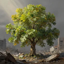 oak tree growing in the rubble of a post - apocalypse city wasteland, gray dull background, vibrant colorful green leaves, hyperrealistic, very detailed leaves, sharp focus, highly detailed, cinematic, ray of golden sunlight, digital art, soft lightning, muted colors, oil painting by greg rutkowski