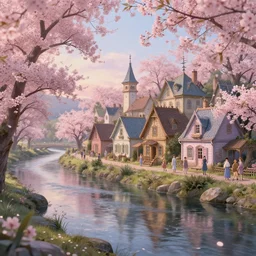 a magical vintage village on the river | cherry - blossoms | highly detailed | very intricate | serene romantic fantasy whimsical magical | professional cinematic lighting | bokeh | dusk | studio ghibli | award - winning | 8 k smooth render | matte painting by anton fadeev and paul lehr and rhads and alena aenami and tyler edlin | pastel color palette | featured on artstation