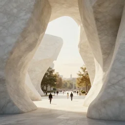 the inside of a stone marble sculpture monument by arthur haas and bruce pennington and john schoenherr, architecture by zaha hadid, octane render, warm colour scheme, white, cinematic, scenery, high detail, high quality, close up angle, people walking