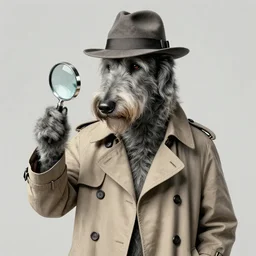humanoid irish wolfhound wearing a fedora and a trenchcoat and holding a magnifying glass, an ultrafine hyperdetailed illustration by kim jung gi, irakli nadar, intricate linework, bright colors, octopath traveler, final fantasy, unreal engine 5 highly rendered, global illumination, radiant light, detailed and intricate environment