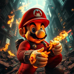 super mario in a postapocalyptic cyberpunk world, soft lighting, fire, realistic wide angle, sharp focus, 8 k high, 6 4 megapixel, insanely detailed, intricate, elegant, art by artgerm and wlop