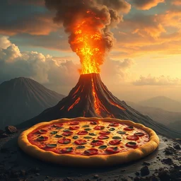 a volcano erupting on a giant pizza