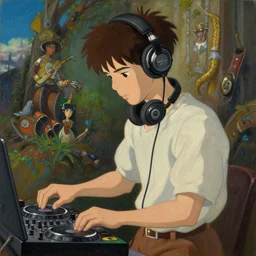 portrait of a teen adam brody as a dj with headphones playing music console, jodhpurs greg manchess painting by sargent and leyendecker, studio ghibli fantasy close - up shot asymmetrical intricate elegant matte painting illustration hearthstone, by greg rutkowski by greg tocchini by james gilleard,