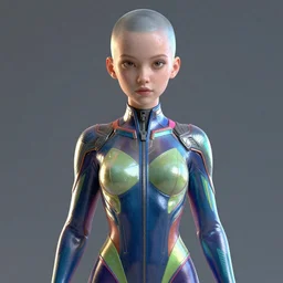 beautiful bodysuit vibrant electric Cyberpunk with Bald Back haircut, reflections, focus, detailed, realistic eyes, symmetric body features proportions, golden ratio face, intricate facial skin details, award winning, trending in cgsociety artstation deviant art, octane render, by boris Vallejo