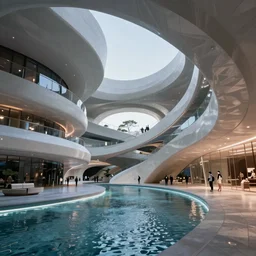 detailed stunning futuristic curvilinear museum interior with water led strips