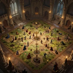 wide establishing shot of a dungeons and dragons battle map, top view of inside of a great hall inside a castle, dynamic composition, dramatic lighting, trending on artstation, digital art, stylized painting