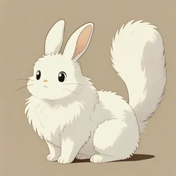 still from Studio Ghibli of a bunny-cat hybrid with long curly white fluffy fur and extra long forked tail, by Hayao Miyazaki