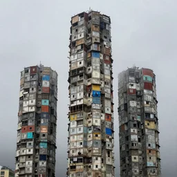 tall towers, made up of makeshift squatter housing with faded colours, apocalyptic sky, misty, dystopia, mamiya rb 6 7, fully frontal view, ultra sharp, very detailed, photographed by andrei tarkovsky