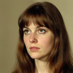 portrait of a woman!!! looking away! big eyes!!! brown hair!!! bangs on the face!! norman rockwell!!