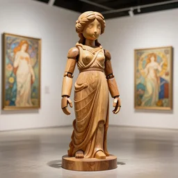octane render ultra photorealistic hyper detailed, a very very cute wooden mystical statue robot of the roman goddess natural, trending on cgsociety, in a contemporary art gallery in neo tokyo artwork by alphonse mucha