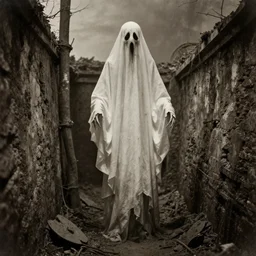 scary unproportionable tall ghost creature in the middle of a trench, 1900s picture