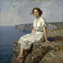 a painting of a woman sitting on a cliff, a character portrait by barclay shaw, cg society, fantastic realism, official art, 1 9 9 0 s, academic art
