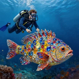 a scuba diver discovering a prehistoric fish made of shining gems, rich vivid colors, vibrant, oil painting, highly detailed, award winning