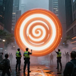 policemen protecting a huge orange spiral - shaped bright white luminous attractor that is floating right in the center of the city from protesting people,, rain and light fog, professional lighting, concept art in 3 d, high detail, professional lighting, unreal engine