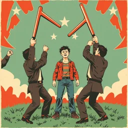 bullying, the victim is in the center, around the bullers are swinging up boomerangs. soviet poster, illustration