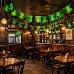 interior of irish pub with st patrice day decorations, detailed, high quality, trending on artstation, digital art