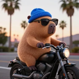 a photorealistic photograph of a knitted cute Capybara wearing sunglasses and dressed in a blue beanie cap riding on a black motorcycle in Hollywood at dusk. Palm trees in the background. This 4K HD image is Trending on Artstation, featured on Behance, well-rendered, extra crisp, features intricate detail and the style of Unreal Engine.