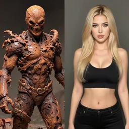 comic book art, high quality, before and after, highly detailed, clayface is morphing into [ a blond female model in the tv ]