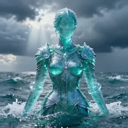 armor made of water, made of liquid, rising up from ocean, water armor, high detail, high contrast, close up portrait, studio lighting, stormy seas, beautiful, bokeh, snowy, storm clouds, god rays, d & d, fantasy, elegant, aquamarine color palette, concept art, roger deakins and greg rutkowski and alphonse mucha