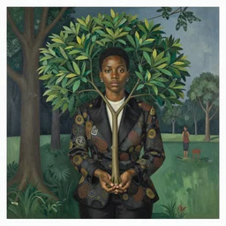 female homeless millionaire, in expensive clothes hold a small tree in both hands, by Jacob Lawrence and Henry Taylor clean, detailed, award winning
