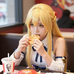 photo still of real life lucina!!!! ( fire emblem ) eating kfc, 8 k, 8 5 mm f 1. 8