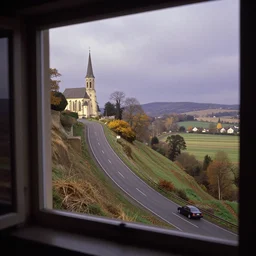 view from an upstairs window, road up steep slope to church, playing fields to the right, a purple distance haze, carl spitzweg, david curtis, morgan weistling, jim beckner, michael alford