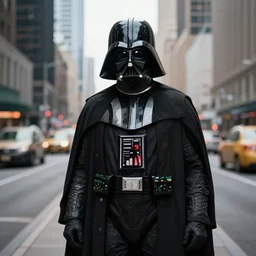 darth vader as a hobo in a big city