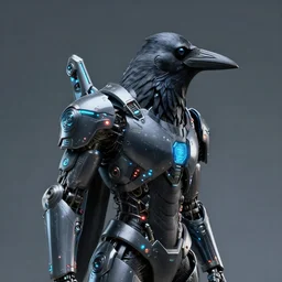 crow in futuristic cybernetic armour, leds, portrait, digital art, studio photography