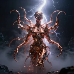 hyper realistic, An amorphic being with tentacles of liquid reflective copper and chrome emerges from the dark surreal ether, mist amidst lightning, high contrast lighting, backlit by Michael Whelan
