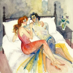abstract watercolor, couple on bed, art deco, by art frahm, vladimir volegov, pablo picasso, wassily kandinsky
