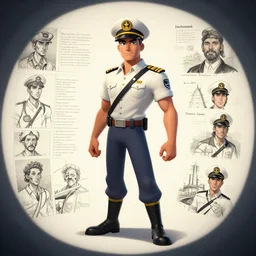 modern ship captain character design, character sheet, Moebius, Greg Rutkowski, Zabrocki, Karlkka, Jayison Devadas, Phuoc Quan, trending on Artstation, 8K, ultra wide angle, zenith view, pincushion lens effect