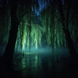 swamp nighttime midnight wisp o the willows eerie creepy glow midnight bog keith thompson michael whelan olivier scott fischer yoji shinkawa hyperrealism photorealistic hyperrealism photo - realistic photography volumetric lighting enchantingly beautiful forest woods scary haunted 8 k